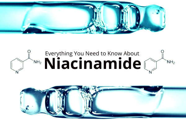 Niacinamide serum ampoules with molecular structure illustration representing Vitamin B3 skincare ingredient for bright and calm skin
