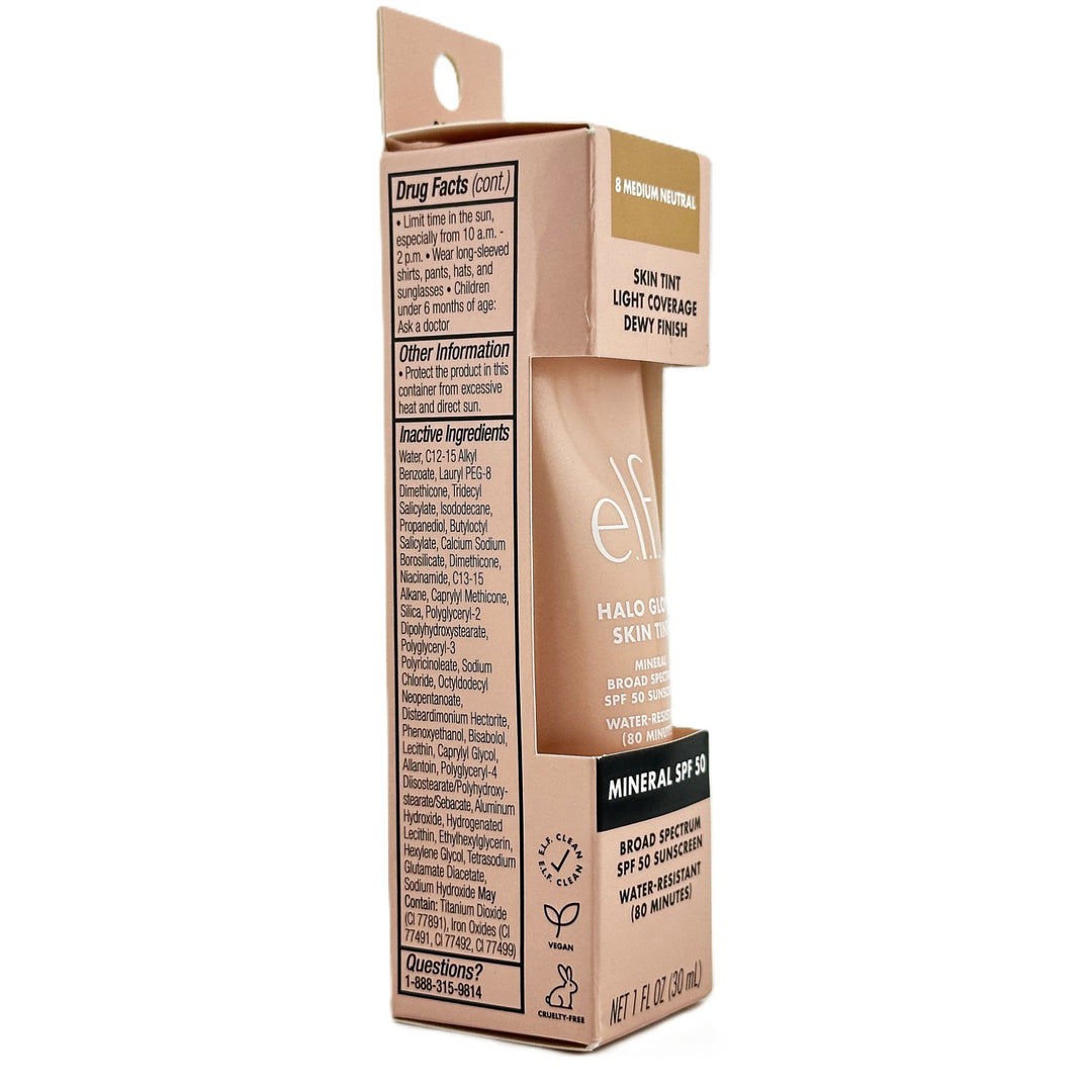 e.l.f. Halo Glow Skin Tint SPF 50 – Light Coverage, Dewy Finish – Shade 8 Medium Neutral – 30 ml / 1 fl oz